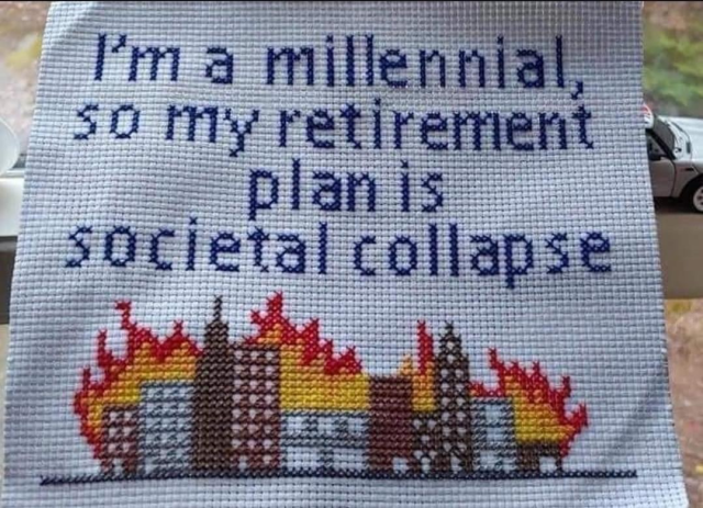 Stitch blanket with pixel-like burning buildings that reads: "I'm a millenial, so my retirement plan is societal collapse"