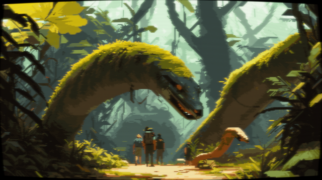 Pixel art of a captivating composition that captures the essence of a mystical moment. Three figures stand in front of a massive serpent, their backs turned, gazing in awe at the creature. The snake's body is covered in a lush layer of greenery, which adds a sense of wonder to the already magical scene. The individuals' clothing and accessories suggest that they are explorers or adventurers, and their posture suggests admiration and respect for the creature before them. The background is a dense jungle, filled with vibrant greens and earthy browns, which adds to the enigmatic atmosphere of the artwork. The image has a CRT filter applied.