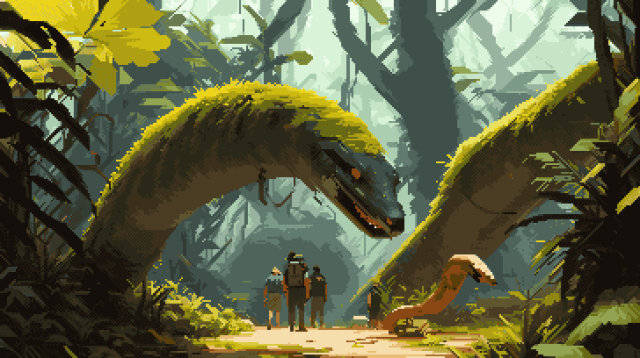 Pixel art of a captivating composition that captures the essence of a mystical moment. Three figures stand in front of a massive serpent, their backs turned, gazing in awe at the creature. The snake's body is covered in a lush layer of greenery, which adds a sense of wonder to the already magical scene. The individuals' clothing and accessories suggest that they are explorers or adventurers, and their posture suggests admiration and respect for the creature before them. The background is a dense jungle, filled with vibrant greens and earthy browns, which adds to the enigmatic atmosphere of the artwork. 