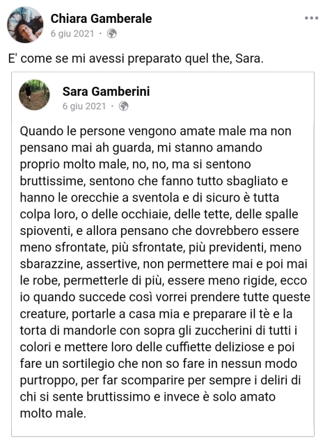 Chiara Gamberale risponde su FB a Sara Gamberini, che riporta un tenerissimo passaggio di "Infinito Moonlit"