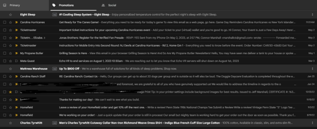 Gmail's web interface showing ads in the middle of a user's email list. 