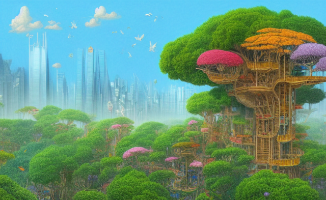 A peaceful drawing of an enormous treehouse embedded in a giant tree with colorful leaves. At the bottom, smaller trees with smaller trees also have wooden structures. In the background, the skyline of a city with tall, skyscrapers made of glass and a few birds flying around. 