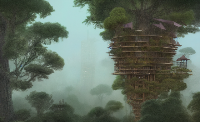 An enormous treehouse with multiple floors built all round a gigantic tree in a forest. In the background, you can barely see the outlines of a few skyscrapers 