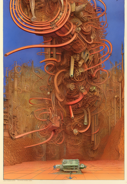 A drawing of a gigantic complex and ininteligible machine. Red metal tubes go all around it and it's impossible to understand what it is or how it works. It extends almost as far as the eye can see, which also prevents form knowing where it ends. Probably forever.