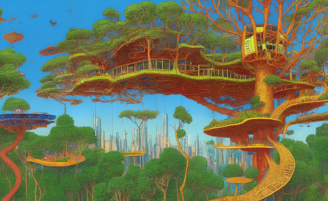 Drawing of a gigantic treehouse with a skyline with many skyscrapers in the background. 