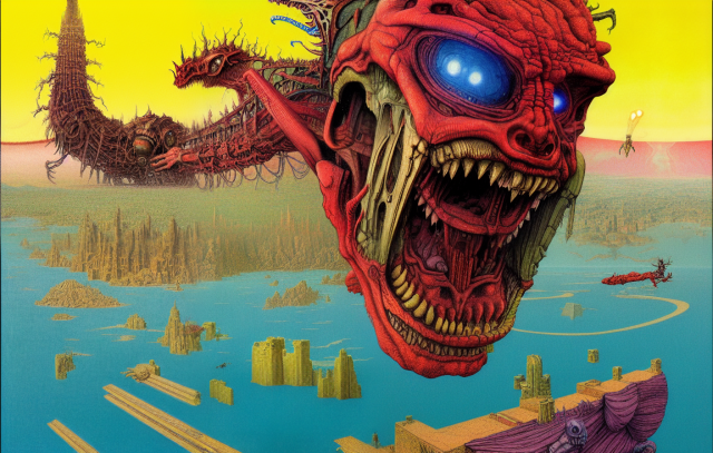 Drawing of a terrifying red head with bright blue eyes and pointy teeth screaming as it moves towards the viewer over a flooded city.