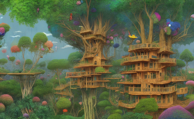 Colorful drawing of a couple of enormous treehouses many stories high and surrounded by greenery and flowers.