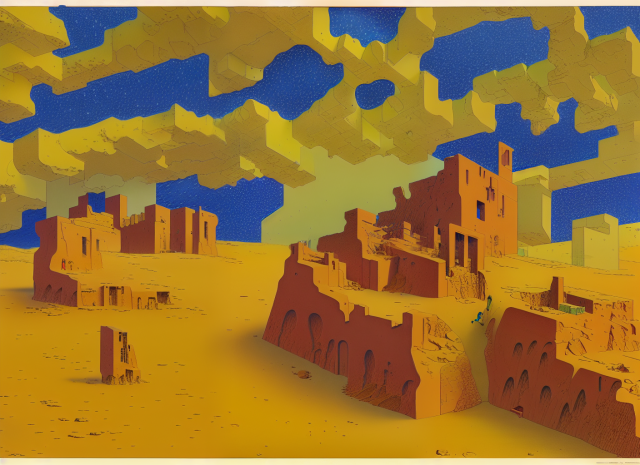 Drawing of orange city ruins on a desolate desert. In the sky, weirdly geometrical and ocre clouds look like they are made of clay. 