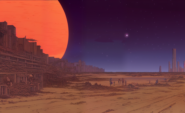 A ruined city in a desert at night with a huge sun in the background. 