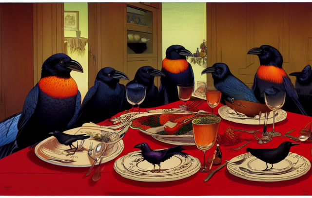 A drawing of a group of black birds, some of them with orange chests, around a table with a red tablecloth seemingly having dinner. 