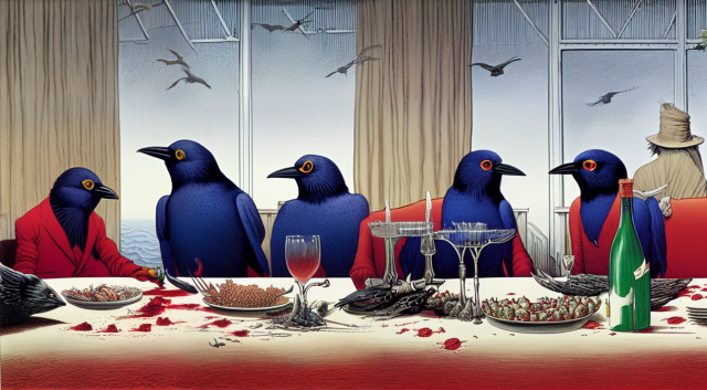 A drawing of five blue birds (they're supposed to be crows, but neither stable diffusion nor I are ornithologists) having dinner around a table. Two of the birds are wearing very fetching red cardigans.