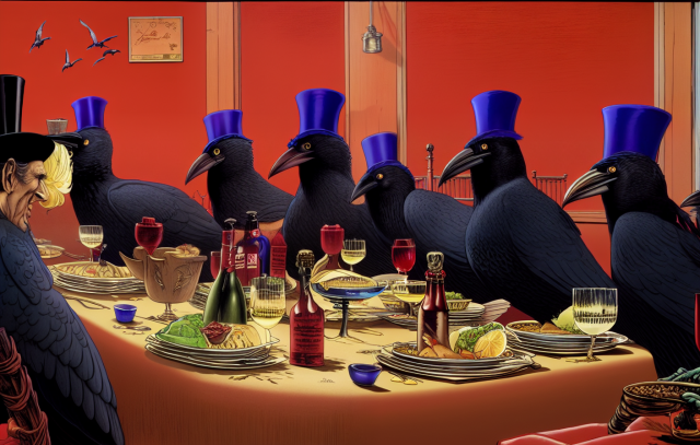 A murder of crowd wearing blue top hats sitting at a table with many plates and wines.