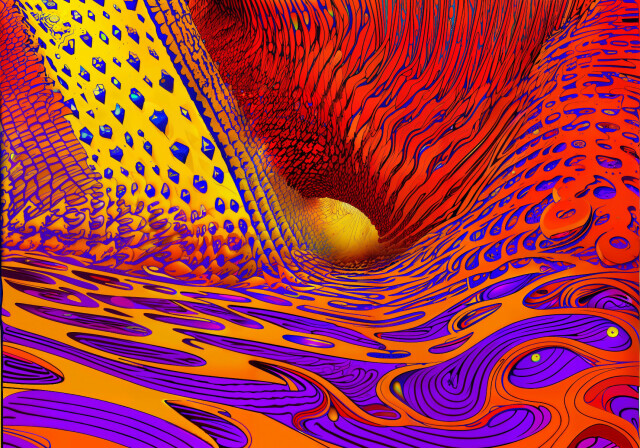 An abstract colorful piece that features a whole in the center. The walls are made up of different textures, such as a yellow base with blue crystals, wavy purple things and red scales. 