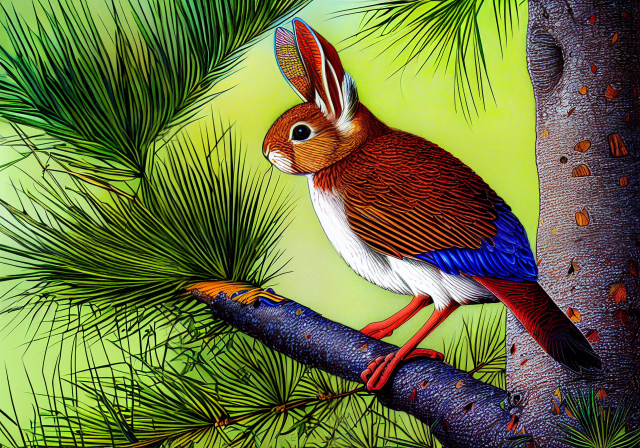 A colorful drawing of a rabbit-bird hybrid (mostly body of a bird, head of a rabbit) perched on a branch. 