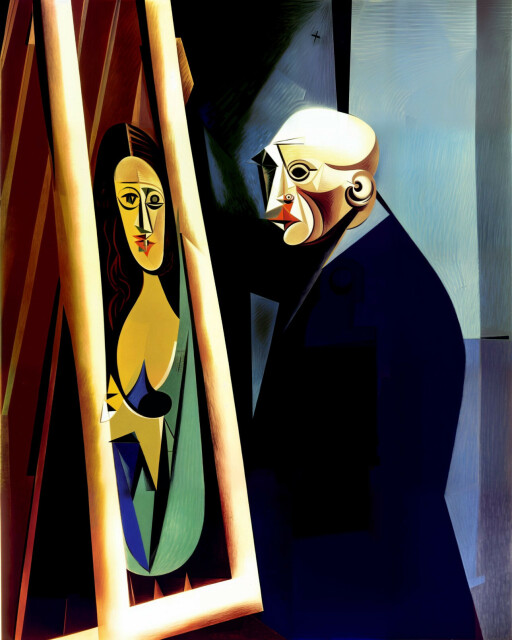 A somewhat cubist image of a bald man wearing a blue suit (Picasso) grabbing a painting of a woman (the Mona Lisa). 