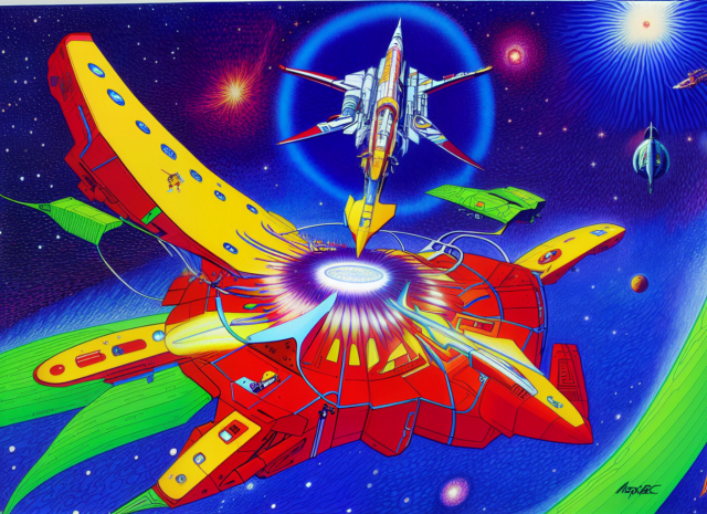 A colorfull drawing of a red circular space station that is shaped like a Passion flower... somewhat. 