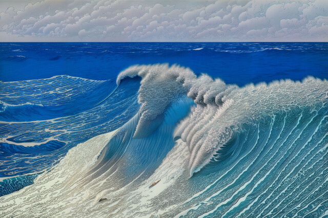 A drawing of a roaring breaking ocean wave.