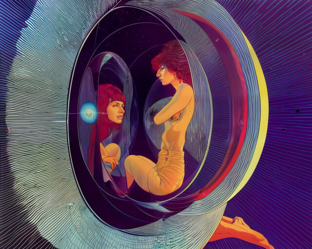 A curly redheaded woman peeking from some kind of wormhole thing looking at another curly redheaded woman who looks serious with her arms crossed.