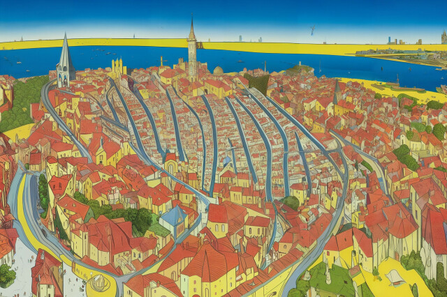 A top down drawing of a medieval city with lots of curvy roads and a couple of steeples. 