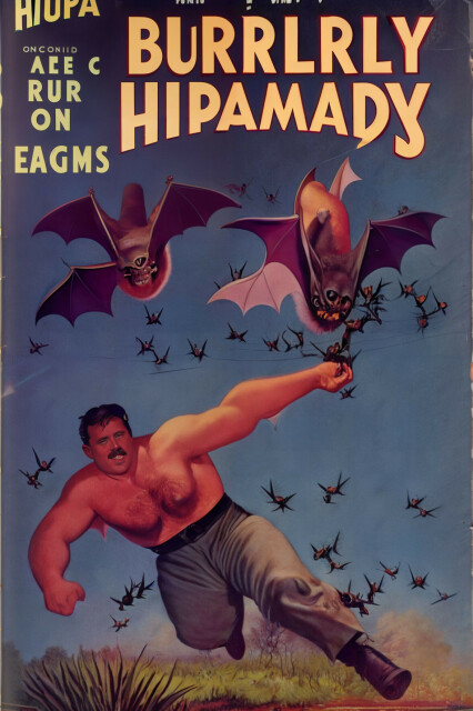 A faux pulp book cover with title "Burrlrly Hipamady" featuring a burly bare chested man with a moustache punching a swarm of bat monsters. 