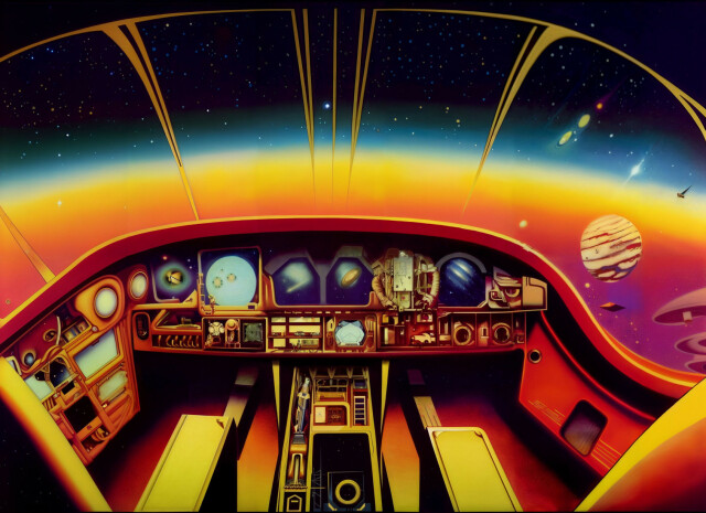 The cockpit of a spaceship in somewhat art deco style. Everything is sepia the controls are very detailed and the windshield has some stylised metal framing. 