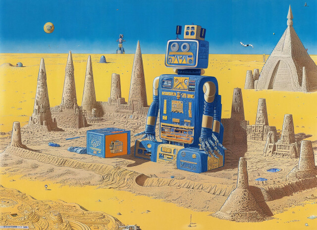 A drawing of a blue little robot sitting on the beach surrounded by a sand castle that presumable it has made. 