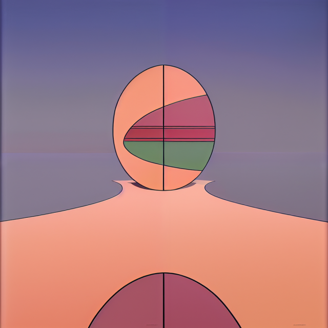 An abstract illustration. An orange oval bisected in the middle and with areas of purple and green sits atop an orange floor and in front of a blue background. 