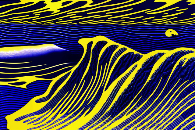 An image of a wave in the ocean but it's all in yellows and deep blues and very high contrast and almost abstract. 