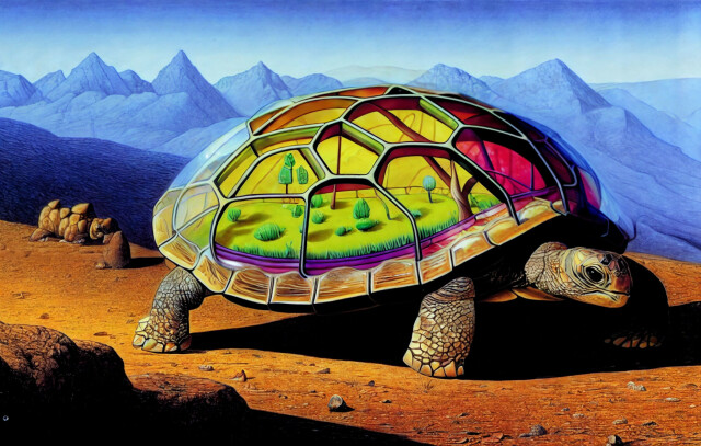 A gigantic tortoise walking through a mountainous rocky landscape. It's transparent shell hosts a green forest.  