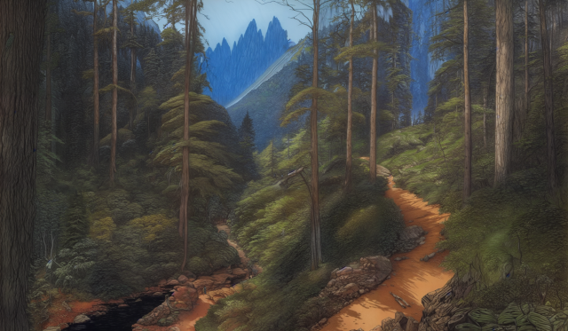 Drawing of a footpath in the forest with mountains in the background and a small stream to the left.