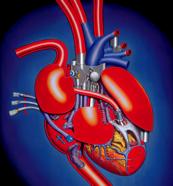 An drawing of a heart with mechanical parts 