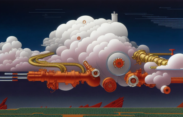 A drawing of a cloud with tubes, pumps and other mechanical elements. 