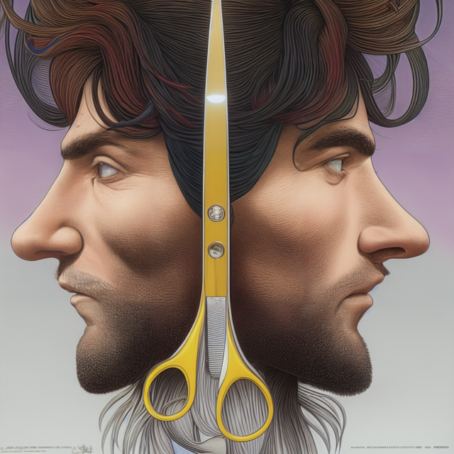 A drawing of two very similar men in profile looking at opposite directions and divided by a golden scissor. 