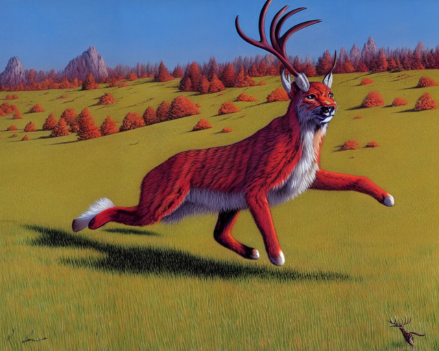 A drawing of an animal that's kind of a reindeer and kind of a lynx running across a green meadow with orange bushes and a few mountains in the background. 