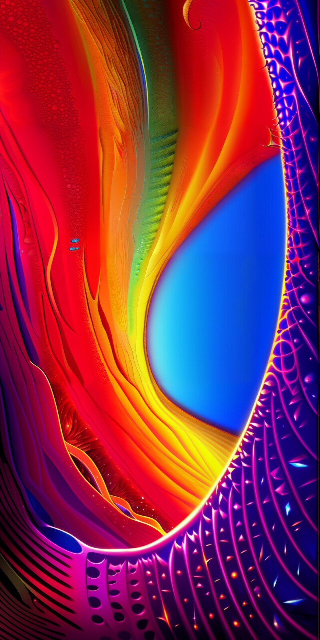 A vertical illustration with very saturated colours and swirls. A blue background, and red and yellow layers lay behind  a purple layer with a lot of texture.