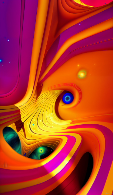 A vertical abstract image with orange and purple hues. Colorful swirls join near the center, which is illuminated with harsh yellow light and where there are three "holes" from which one can get glimpses of the universe. 