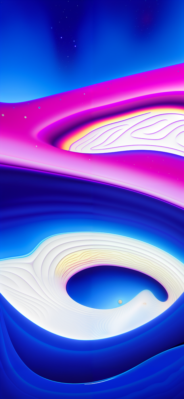 A vertical image of an abstract swirl of colours. The composition is mainly blue, white and pink. 