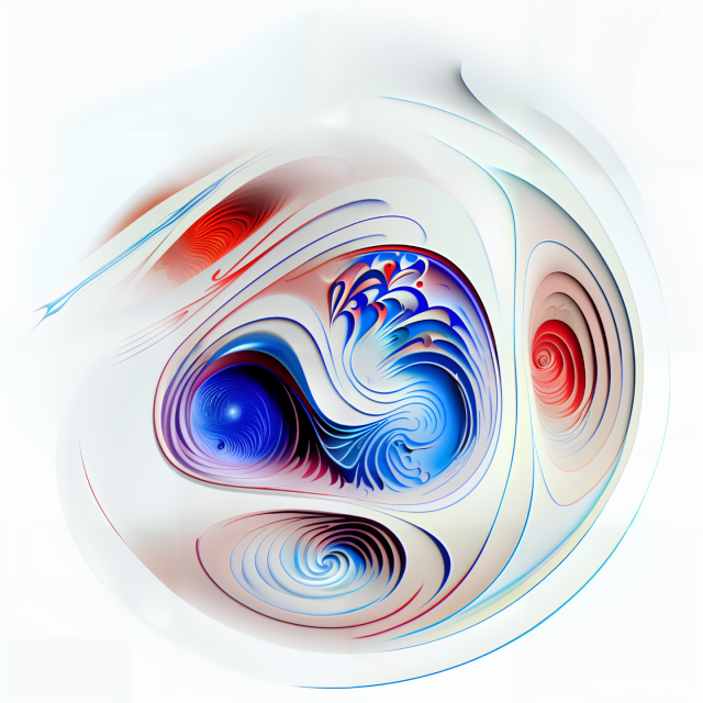 An abstract illustration. A white circle with blue swirls at the centre surrounded by three reddish swirls. 