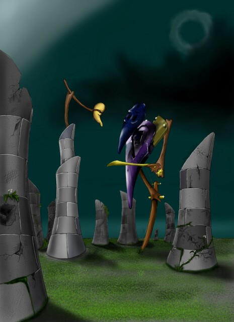 A digital drawing of a mechanical being with one wooden leg,  one wooden arm with a blue beak-like face and some bras gears (steampunk was big 
back then). The figure stands surrounded by circular masonry chimneys in disrepair, with cracks, missing pieces and in-grown vegetation. It's 
looking at one intact chimney from which a wooden articulated arm sticks out, holding a small figure which looks like a fetus.