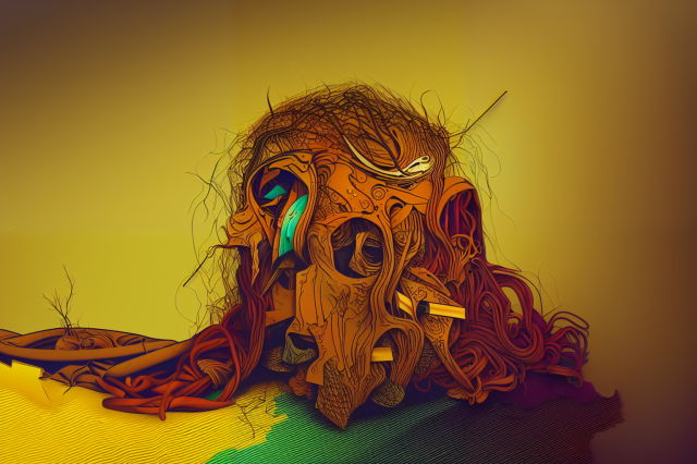 A orangish illustration of a pile of rags and twigs that vaguely evokes a skull with hair. 