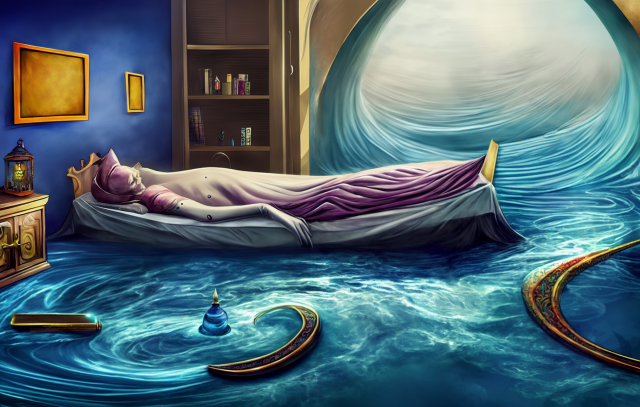 Slightly surrealist drawing of a human-like figure laying on a bed that's floating on a flowing river that flows from a normal-looking wall with nondescript picture frames, an nightstand and a bookcase to a water whirlwind. 
