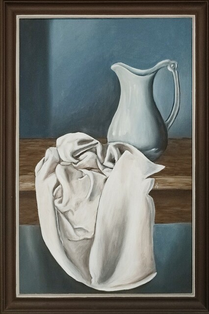 Oil painting of a still nature of a blue vase and a white cloth.