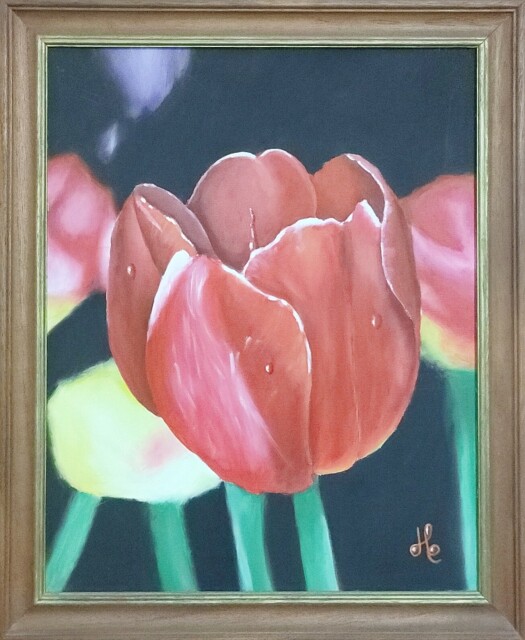 Framed oil painting of a red flower with a bunch of dew drops 