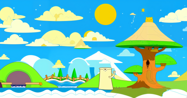 A colourful and simple drawing with striking colours and thick outlines (think Adventure Time). A friendly blue sky with fluffy clouds with a steamy river below and a bridge to the left that leads to a big treehouse to the right. 