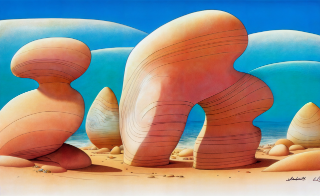 A drawing of soft rock-like formations. They are light orange with soft lines and with a light blue background. 