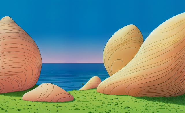 A drawing of a few big soft stones on a grass field with the sea in the background. 