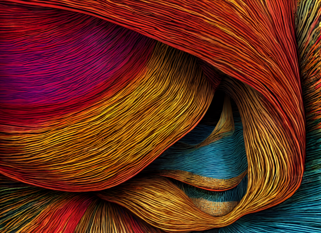 An abstract drawing of swirls of red, orange and yellow thread. 