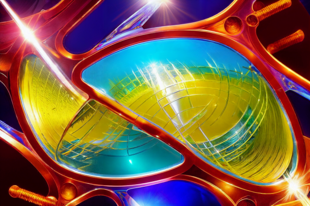 Somewhat abstract image. Two large glass-like triangle-ish domes with blue and yellow bakgrounds distorted by imperfections on the glass are supported by a red metal frame.