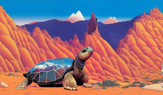 Drawing of a tortoise among red tall mountains with more mountains inside its shell. 