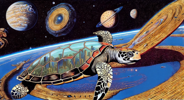 Drawing of a turtle flying through a space background with a huge planet below and a lot of planets and nebulas further away. The turtle has a transparent carapace with a whole city inside. 
